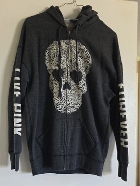 PINK Victoria's Secret Charcoal Zip-Up Hoodie with White Skull
